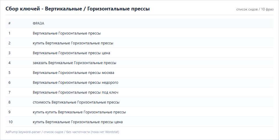 Пример ключей (до 20) — Вертикальные / Горизонтальные прессы
